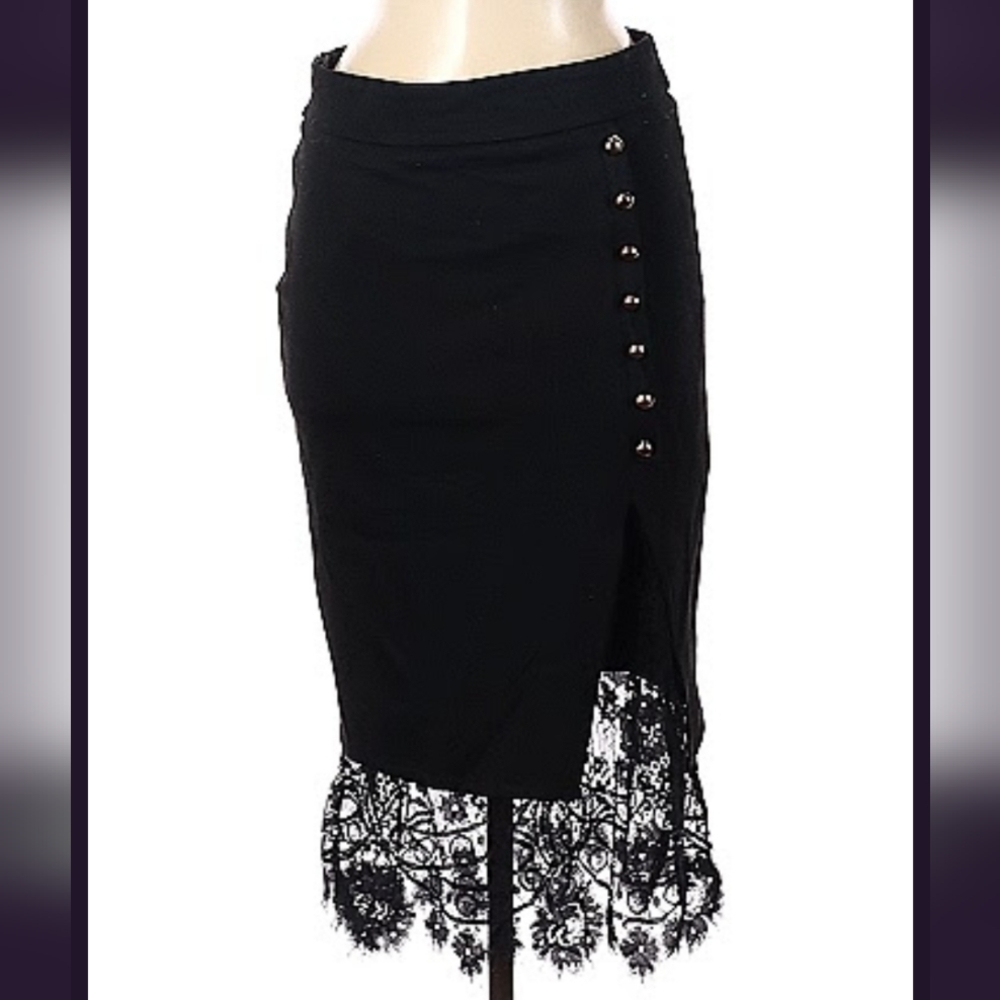 Midi Gothic Black Lace Trim Skirt